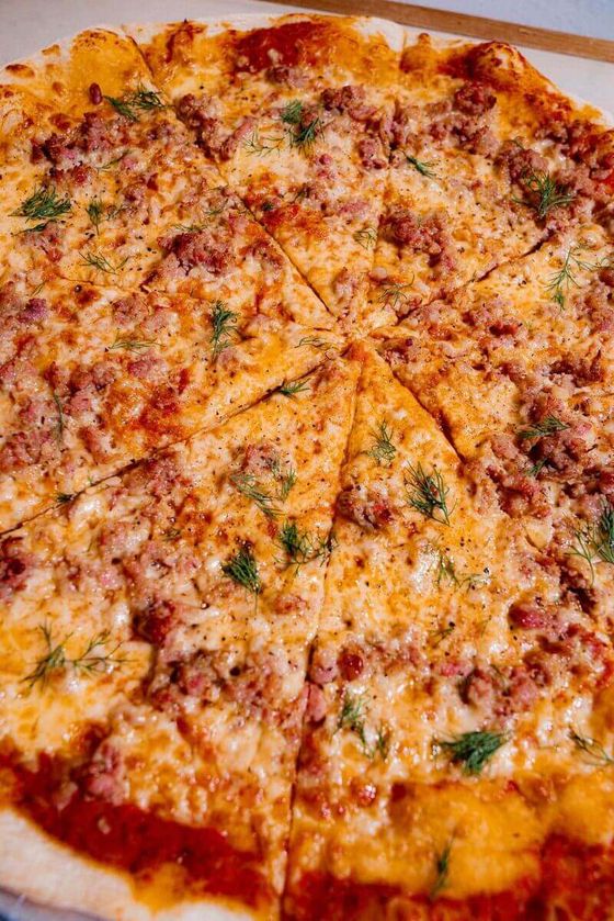 Isan beef sausage pizza from above
